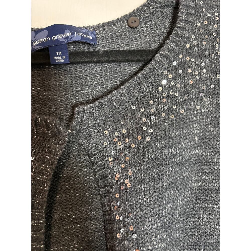 Susan Graver Style 1X Long Sleeve Open Front Sequin Embellished Cardigan Sweater - Picture 4 of 5